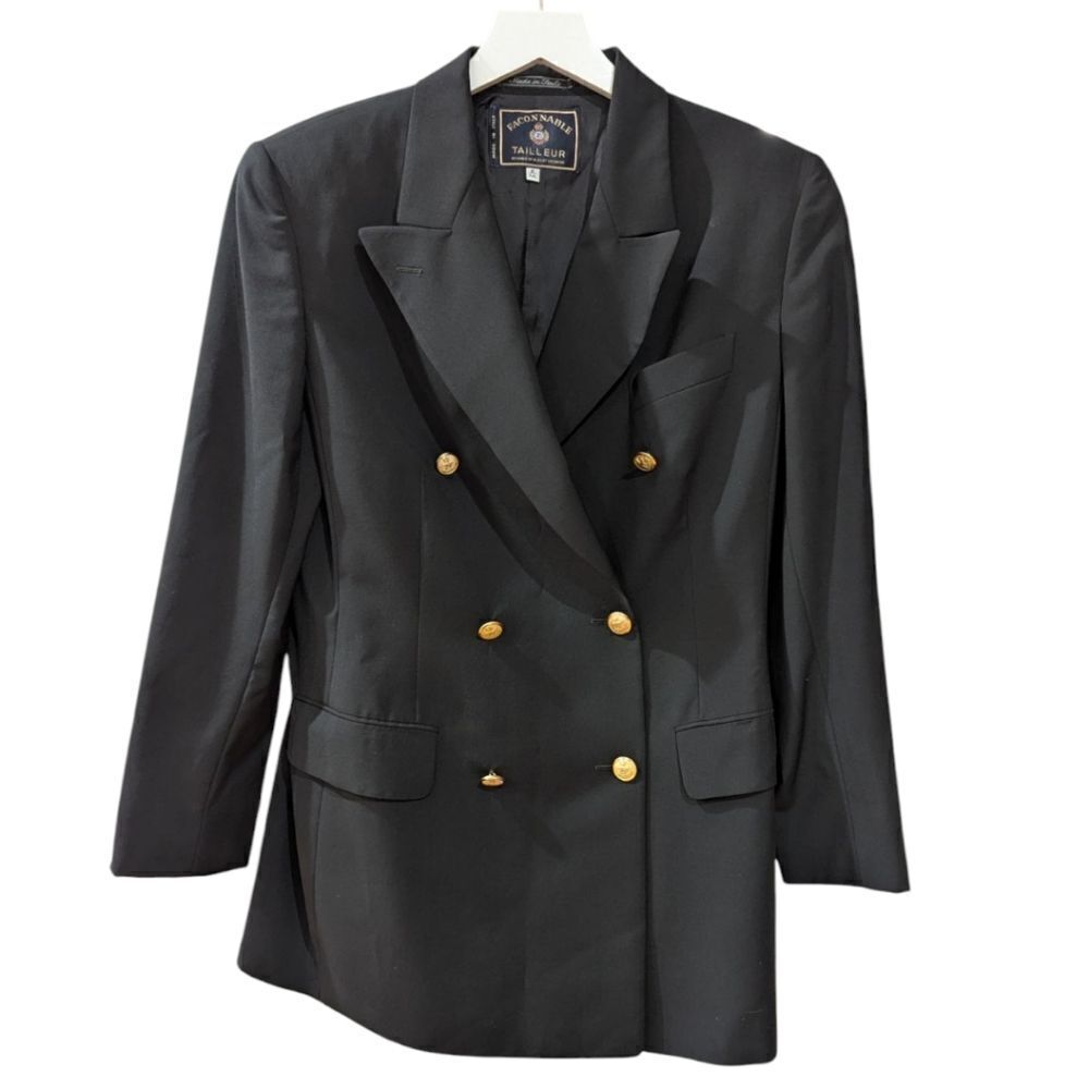 Faconnable Italy Women's 8 Black Double Breasted Wool Blazer with Gold Buttons